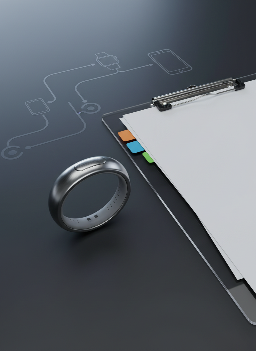 A highly detailed 3D-model of an Apple ring prototype arranged on a dark charcoal research desk beside neatly stacked blank documents, a translucent acrylic clipboard, and a few color-coded tabs without visible text. The ring’s polished titanium exterior contrasts with a soft, silicone inner lining, tiny micro-perforations indicating sensors for wellness and screen-time balance. A subtle, ghosted Apple-style ecosystem diagram is etched into the desk surface, hinting at data flows between watch, phone, and ring. Overhead, cool white studio lighting casts precise, controlled shadows, giving a clinical yet refined atmosphere. Shot from a slightly elevated angle with sharp focus throughout, the scene feels analytical and methodical, emphasizing documentation of findings and methodology rather than flashy marketing.