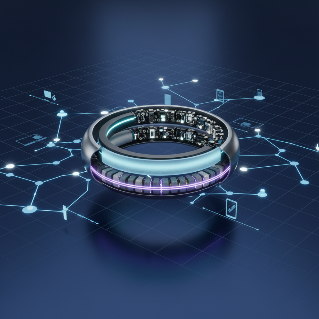 A 3D-model cutaway view of an Apple ring hovering above a reflective, midnight-blue surface, its inner layers exposed like a precise engineering diagram: ultra-thin battery arc, sensor array ridge, haptic band, and a micro light diffuser ring. Around it, faintly glowing, semi-abstract nodes and lines map out hypothetical user journeys and data touchpoints across the Apple ecosystem. The lighting is cool and focused, with subtle rim lighting around each internal layer, creating a technical yet elegant appearance. Shot at a slight upward angle to give the ring a sense of conceptual importance, the composition is centered and symmetrical. The mood is analytical and visionary, perfectly suited for explaining methodology and structural insights in marketing research.
