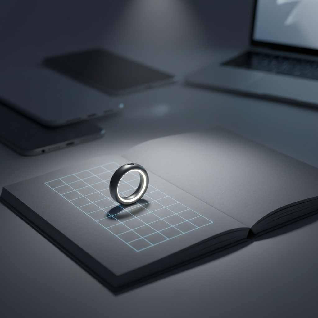 A moody 3D-model scene of an Apple ring concept resting on an open, blank research notebook made of soft gray cardstock, with a minimalistic, translucent grid projected across the pages. The ring has a dark, brushed graphite finish with a slender, continuous inner light halo that glows softly, evoking subtle notifications designed to pull attention away from screens. In the background, out-of-focus geometric forms suggest phones and laptops fading into abstraction. A single, cool spotlight from above creates dramatic contrast, casting a crisp shadow of the ring across the notebook, reinforcing the idea of living more in the moment. The composition uses rule of thirds and shallow depth of field, conveying a sophisticated, introspective research narrative.