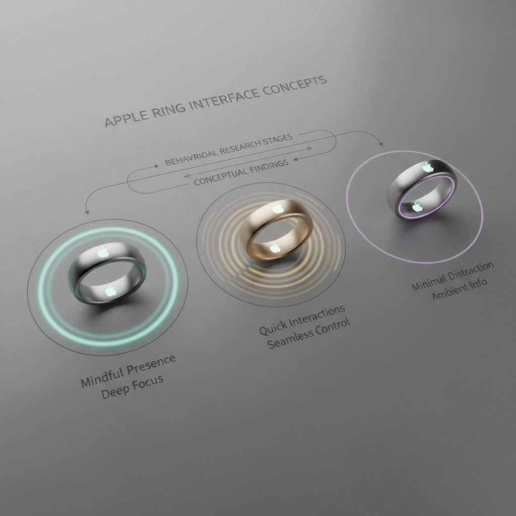 A sophisticated 3D-model storyboard scene showing three sequential Apple ring moments arranged left to right on a smooth, stone-gray surface, each ring encircled by different abstract aura effects: a calm, pulsing glow for mindful presence, a gently expanding halo for quick interactions, and a dimmed, barely-there outline for minimal distraction. Thin etched lines between the vignettes imply behavioral testing stages and research findings. Soft, even studio lighting eliminates harsh contrast, allowing the subtle metallic and ceramic textures to stand out. Captured from a high, nearly top-down angle, the composition reads like a concept board. The atmosphere is thoughtful and restrained, clearly communicating that this is a conceptual, research-driven exploration rather than a polished advertising campaign.