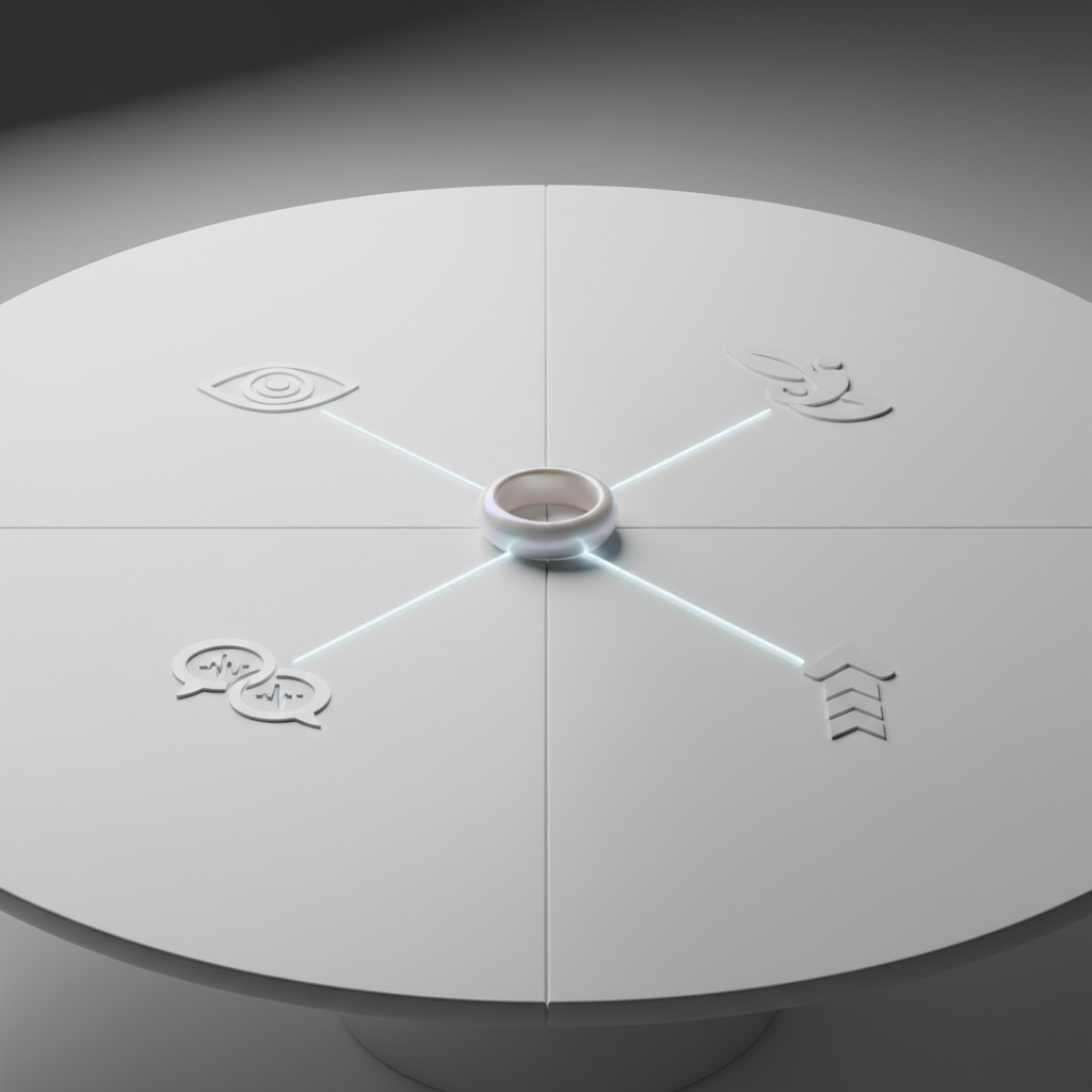 A refined 3D-model visualization of an Apple ring placed in the center of a large, matte-white table divided into subtle quadrants, each quadrant containing small, icon-like abstract objects representing focus, wellness, communication, and productivity. Fine filament lines, softly illuminated, connect the ring to each quadrant, symbolizing reconfiguration of the Apple ecosystem into a smaller, more mindful wearable. Gentle, directional studio lighting from the left creates clean shadows and highlights the ring’s smooth ceramic-like exterior with a faint pearlescent sheen. Shot from a slightly elevated, wide-angle viewpoint with a balanced, geometric composition, the atmosphere is sophisticated and conceptual, emphasizing theoretical frameworks and behavioral insights over consumer sales imagery.