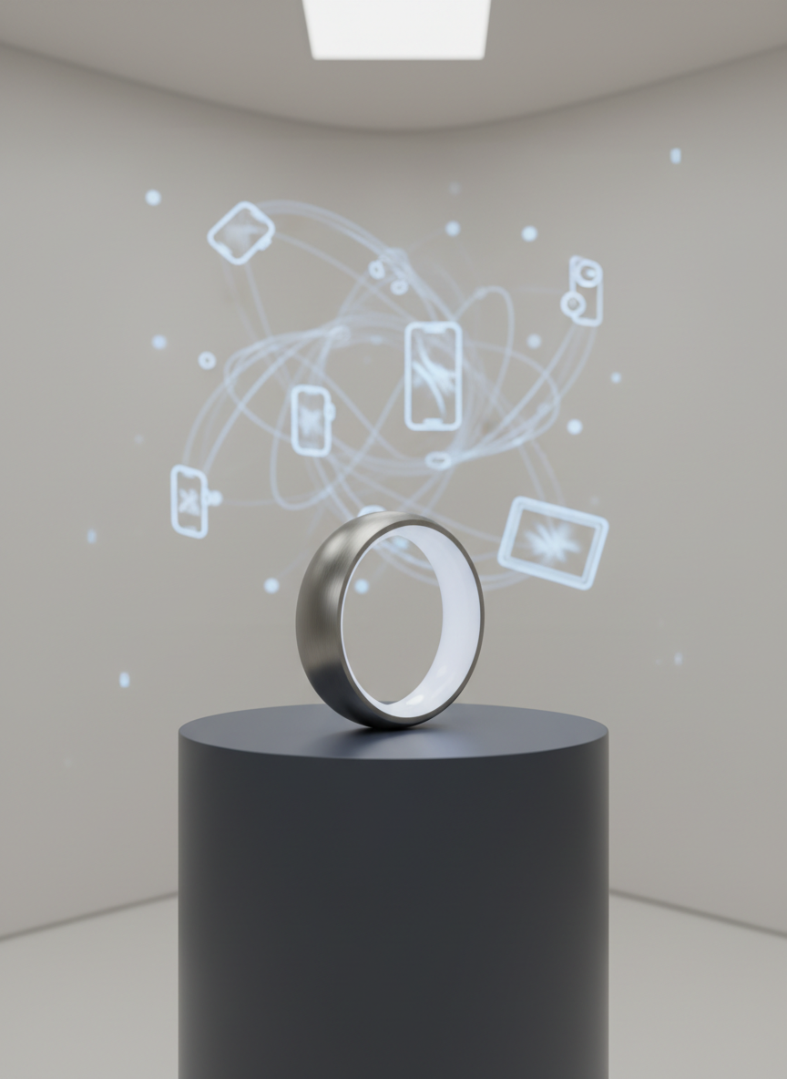 A sleek 3D-model of a conceptual Apple ring resting on a matte, slate-gray pedestal, its brushed aluminum band forming a subtle, continuous loop with a faintly glowing, milky-white inner surface hinting at embedded sensors. The environment is a minimalist, gallery-like space with soft neutral walls and a faint abstract outline of interconnected Apple devices hovering as translucent holograms behind it, suggesting an ecosystem study rather than a product ad. Cool, diffused studio lighting creates gentle reflections along the ring’s chamfered edges. Shot at eye level with a slight three-quarter angle, the composition centers the ring with generous negative space. The mood is sophisticated and exploratory, evoking thoughtful marketing research and future-forward design rather than a commercial launch.