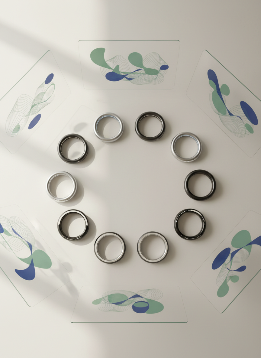 An elegant 3D-model of multiple Apple ring concept variants arranged in a circular grid on a satin-finished, off-white surface, like a curated design study. Each ring differs subtly in thickness, finish, and inner light strip pattern, showcasing options for compact, bite-sized interaction with the Apple ecosystem. Behind them, semi-transparent, floating data panels without text display abstract charts and graphs in muted greens and blues, symbolizing marketing research insights. Soft, diffused daylight from an unseen side window creates delicate gradients on the metallic surfaces and a calm, contemplative mood. Captured from a top-down, flat-lay perspective with balanced composition, the image feels like a sophisticated research board for strategic decision-making, not a product catalog.